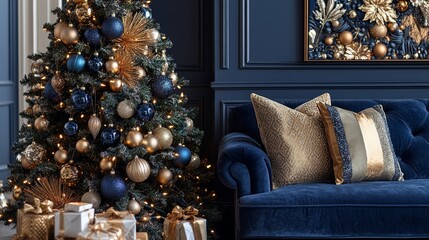 Sophisticated Christmas decorations in rich chocolate tones with gold accents, set against a deep blue backdrop, exuding class and seasonal warmth