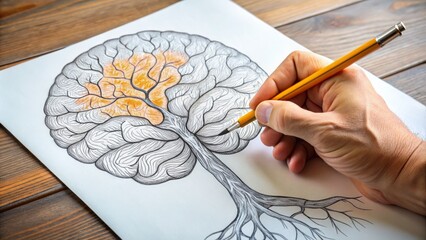 A person's hand holds a pencil, carefully sketching a detailed illustration of a human brain, with neurons, synapses,