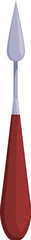 Palette knife with a sharp metal tip and a red wooden handle, for mixing and applying paint