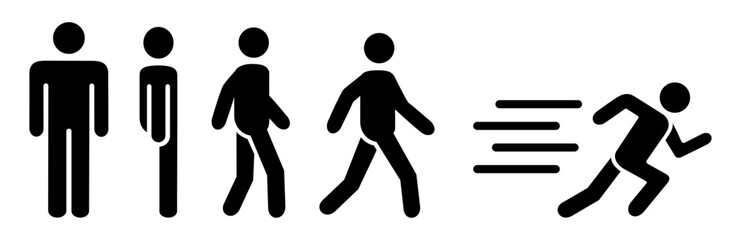Running and walking people icons. Man silhouette stands, walk and run icon set. People symbol. Simple black colours design concept. For web, app, ui, etc. Vector icon illustration