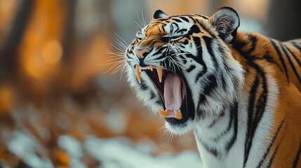 Fototapeta premium A powerful close-up of a roaring tiger showing its sharp teeth and fierce expression, captured in its natural habitat with a blurred autumnal forest in the background
