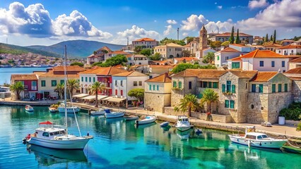 Fototapeta premium A picturesque seaside townscape of Cesme, Turkey, with whitewashed buildings, narrow cobblestone streets, and sailboats