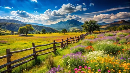 Obraz premium A picturesque Mexican landscape featuring a sprawling field of lush green zacate grass, accented by rustic wooden