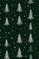 Obraz premium Seamless pattern featuring white Christmas trees and snowflakes on a dark green background, perfect for holiday-themed designs and festive wrapping paper