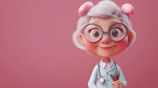 A cheerful elderly woman with glasses holding a set of pens, dressed as a doctor.