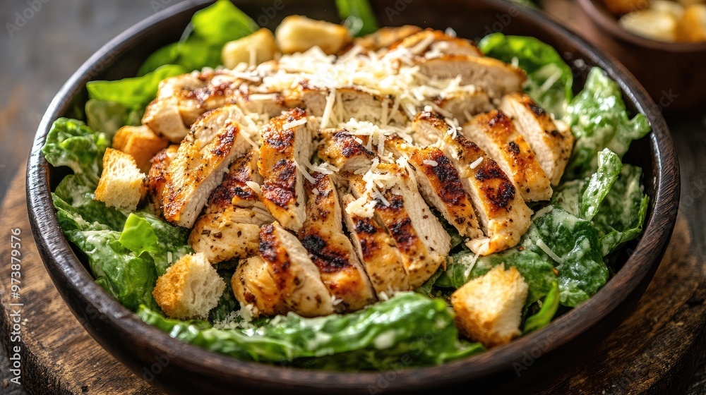 Poster Grilled chicken Caesar salad topped with Parmesan and croutons