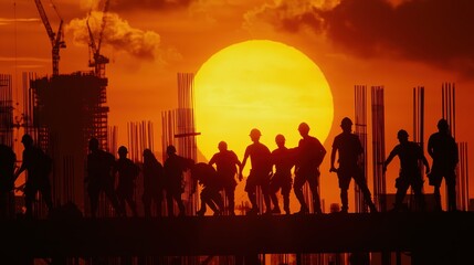 Fototapeta premium Construction Workers Silhouette at Sunset