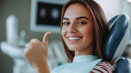 photograph of Satisfied woman patient showing her perfect smile and gesturing thumb up after treatment, sitting in dentist clinic
