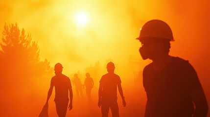 Fototapeta premium Silhouettes of Workers in Hazy Orange Light