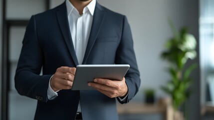 Close-up of a Man in a Suit Using a Tablet