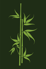A stylized illustration of bamboo stalks with leaves against a dark green background.