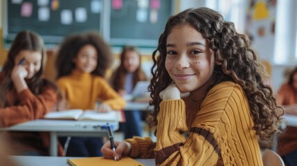 Fototapeta premium photograph of Smiling junior school girl sitting at desk in classroom, writing in notebook, posing and looking at camera. Group of diverse classmates studying on background
