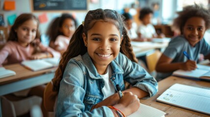 photograph of Smiling junior school girl sitting at desk in classroom, writing in notebook, posing and looking at camera. Group of diverse classmates studying on background