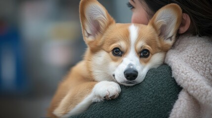 photograph of Woman carrying sad Pembroke Welsh Corgi dog, standing in vet hospital, lady holding her puppy and visiting clinic for regular checkup