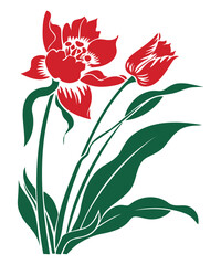 Red flower with green leaves on white background