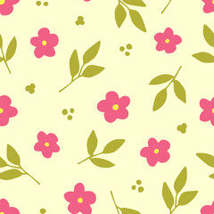 Simple floral vector seamless pattern. Small pink flowers, green leaves on a yellow background. For fabric prints, textile products, summer clothes.
