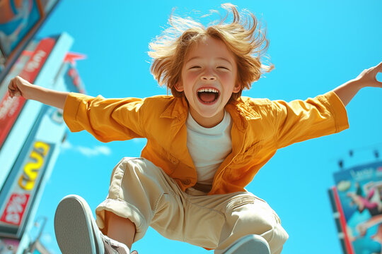 Joyful child jumping in a city street under a clear blue sky during a sunny day