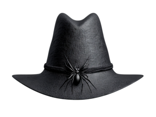 A stylish black hat adorned with a spider, perfect for Halloween or costume parties, adding a bold and unique flair.