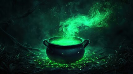 Mysterious Glowing Cauldron with Green Smoke in a Dark Enchanted Forest at Night