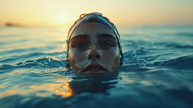 A swimmer emerges from water at sunset, capturing a moment of serenity.