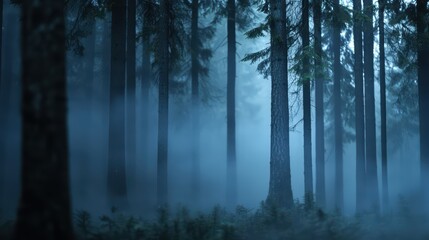 Mystical Forest with Tall Trees and Dense Fog Creating an Enchanting and Mysterious Atmosphere