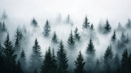 Mystical Foggy Forest with Pine Trees in Dense Mist Creating an Enchanting and Serene Atmosphere