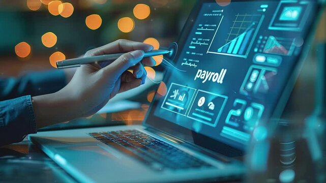 Hand holding pen to touch virtual technology Payroll, Financial Icon, Concept of Modern Payroll Management Systems