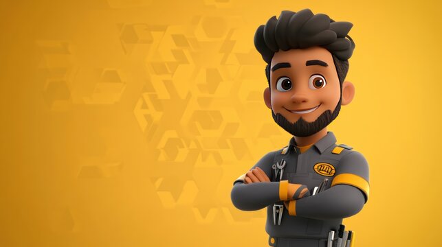 A cheerful animated character in a mechanic outfit, posing confidently against a yellow background.