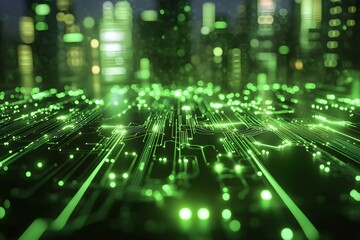 A cityscape with a green background and a green computer chip