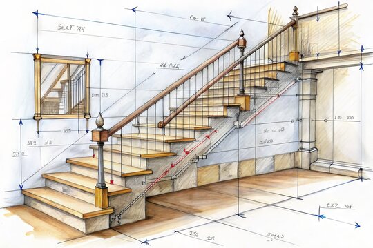 A precise pencil drawing of a stairway with neatly labeled measurements and geometric guidelines, showcasing a