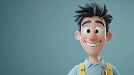 A cheerful cartoon character with dark hair, wearing a blue shirt and yellow overalls, smiling.