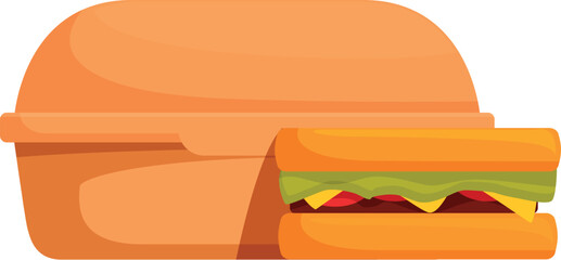 Lunch box is holding a big sandwich with meat, cheese, lettuce and tomatoes