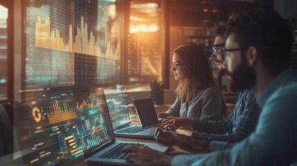 Strategic Marketing Data Analysis in Late Afternoon Light - Team of Marketers Reviewing Graphs and Charts on Laptops