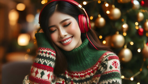 tmujer thailandesa disfrutando de el invierno en navidad 