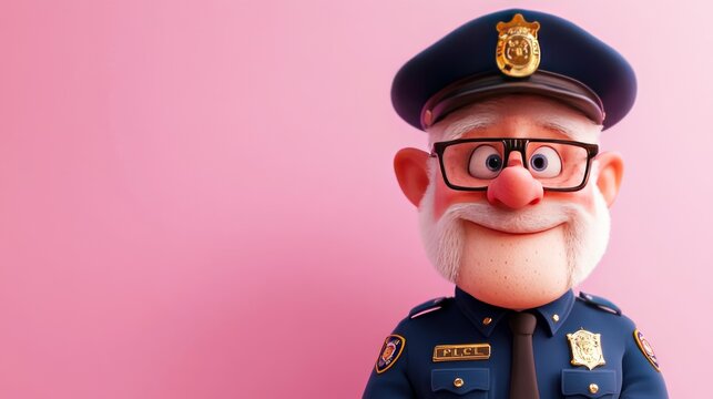 A cartoonish police officer with glasses and a friendly smile against a pink background.