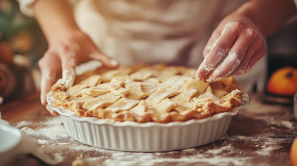 Hands preparing lattice crust on homemade pie in a ceramic dish. Close-up food photography for baking and cooking design. Thanksgiving and autumn harvest concept.