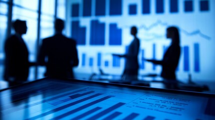 Collaborative Business Team Crafting Financial Strategy with Projected Graphs and Charts in Soft Office Lighting