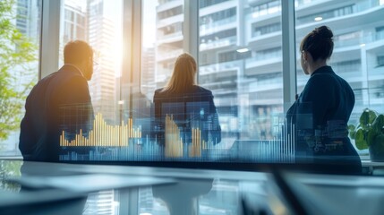 Professional Business Audit Team Analyzing Financial Reports in Bright Office with Charts and Graphs, Sunlight Illuminating the Room