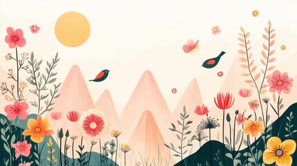 Obraz premium Colorful Floral Mountain Landscape with Birds