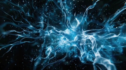 A visually striking abstract image resembling a neuron structure exploding in blue hues against a deep black background 