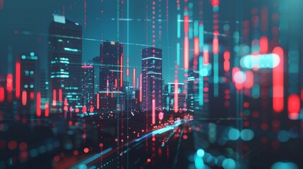 Abstract glowing big data forex candlestick chart on blurry city backdrop. Trade, technology, investment and analysis concept. Double exposure