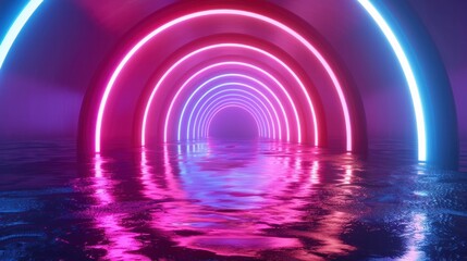 Abstract neon light fluorescent Neon Lights glow ,Reflection on water, exhibition background 3D illustration