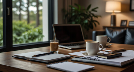 A modern office desk with laptop, coffee cup, and notebook