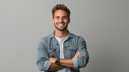 Portrait of a Smiling Man in a Denim Jacket with Arms Crossed
