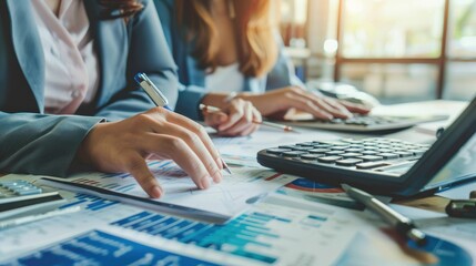 Auditor and accountant team working in office, analyze financial data and accounting record with calculator. Accounting company provide finance and taxation planning for profitable cash flow. Insight 