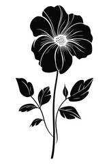 A single black and white silhouette of a flower with leaves.