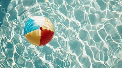 Beach ball floating in swimming pool. Advertising for summer vacations. Space for text. Colorful beach ball in swimming pool