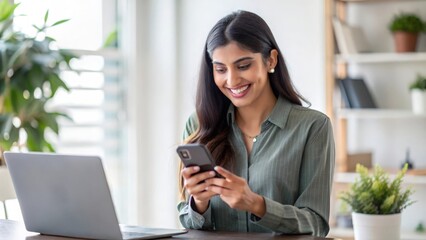 Fototapeta premium Smiling Indian Lady Multitasking on Smartphone 