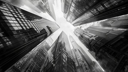 Contemporary artwork. Creative design in retro style. Black and white image of skyscrapers, business buildings in big city. Concept of creativity, surrealism, imagination, futuristic landscape. Poster