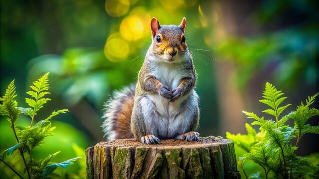 A regal gray squirrel sits imperiously on a wooden stump, paws clasped, eyes shining with confidence, amidst lush